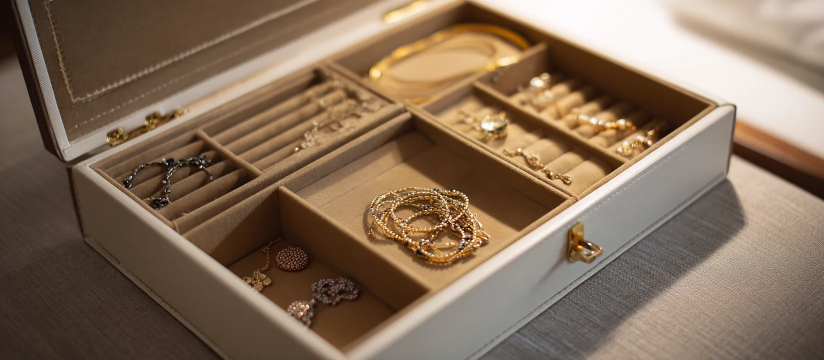 This stylish, light-colored piece is one of the leather jewelry boxes, designed with a lid to store items like a small necklace organizer.